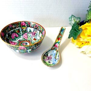 Vintage Chinese Rose Medallion Famille soup bowl and matching spoon.